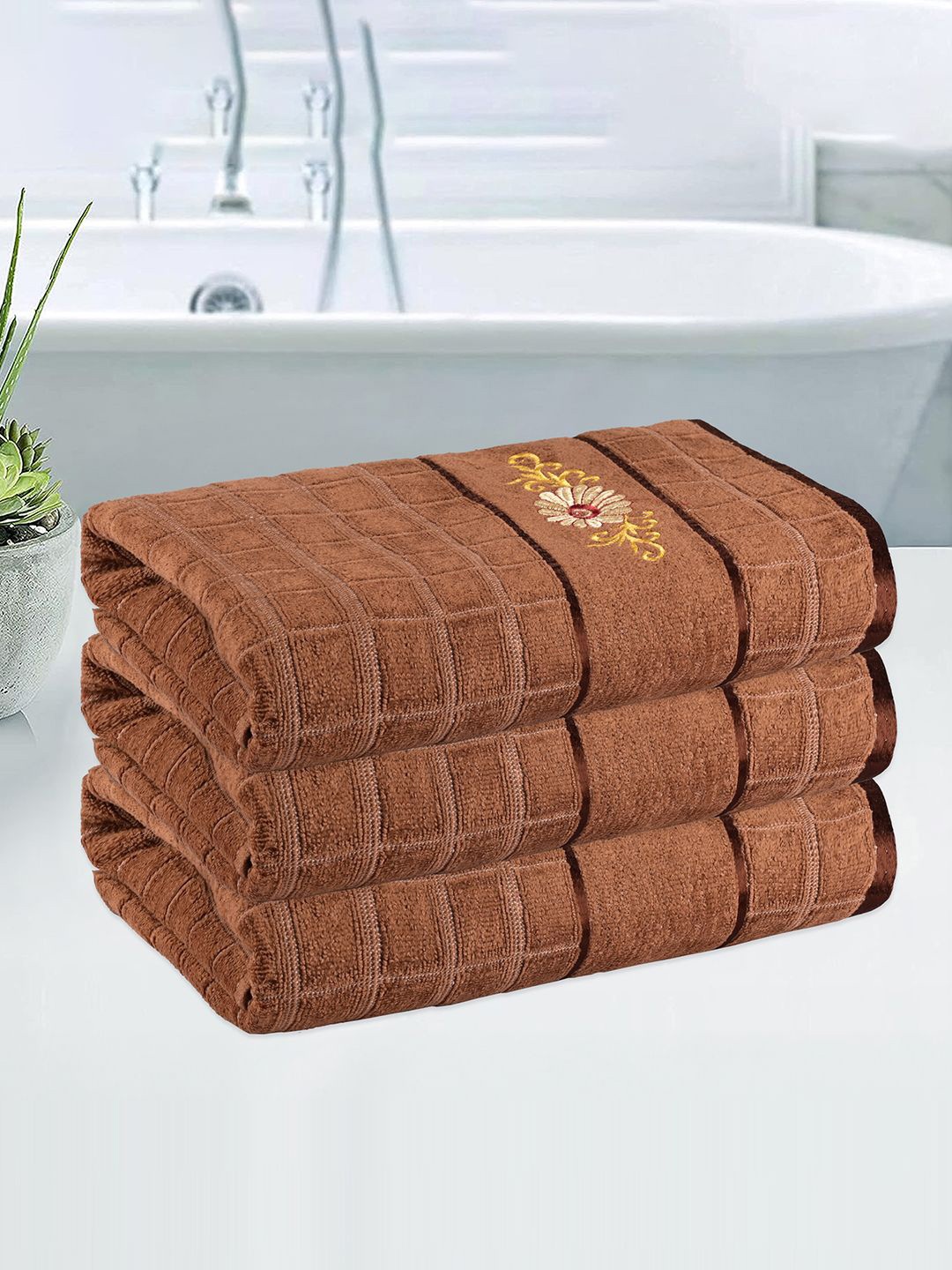 

Kuber Industries Brown 3 Pieces Striped 250 GSM Bath Towels