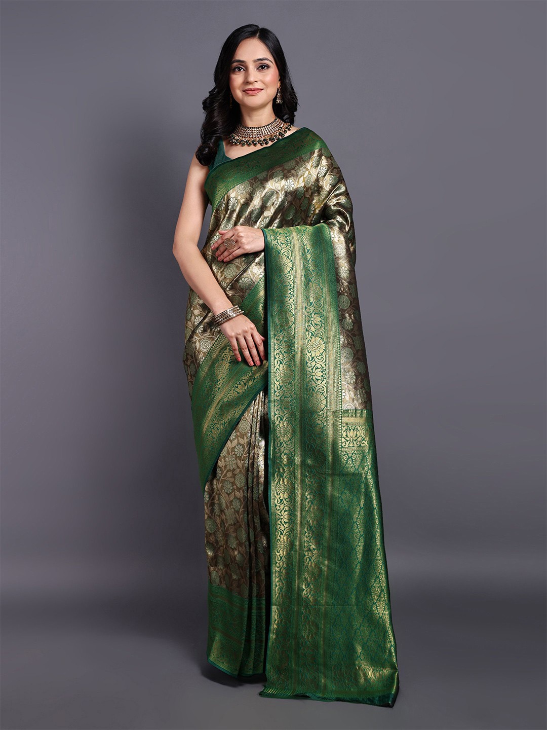 

SWAMI STUDIO Floral Zari Pure Cotton Kanjeevaram Saree, Green