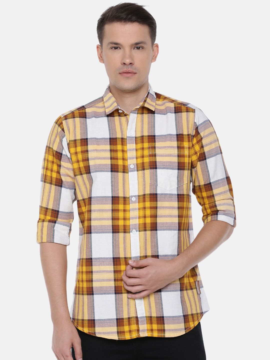 

Cross Court Men Slim Fit Tartan Checks Opaque Checked Casual Shirt, Yellow