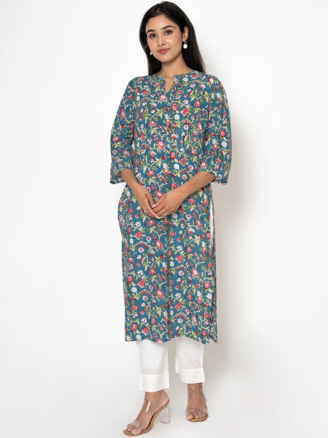 

Kameez by Pooja Kejriwal Floral Printed Thread Work Pure Cotton Kurta With Trouser, Blue