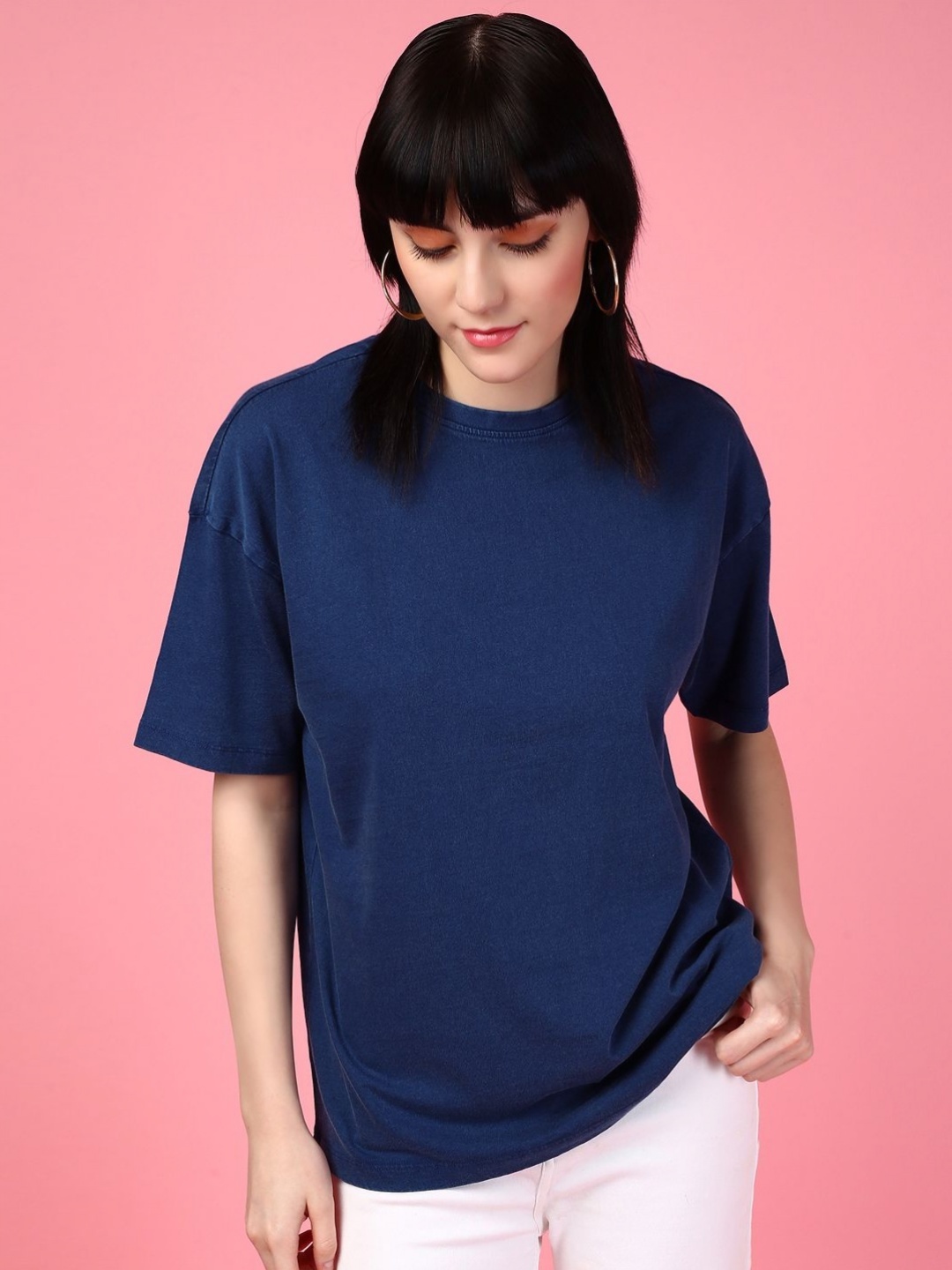 

DressBerry Women Solid Round Neck Cotton Boxy T-shirt, Navy blue