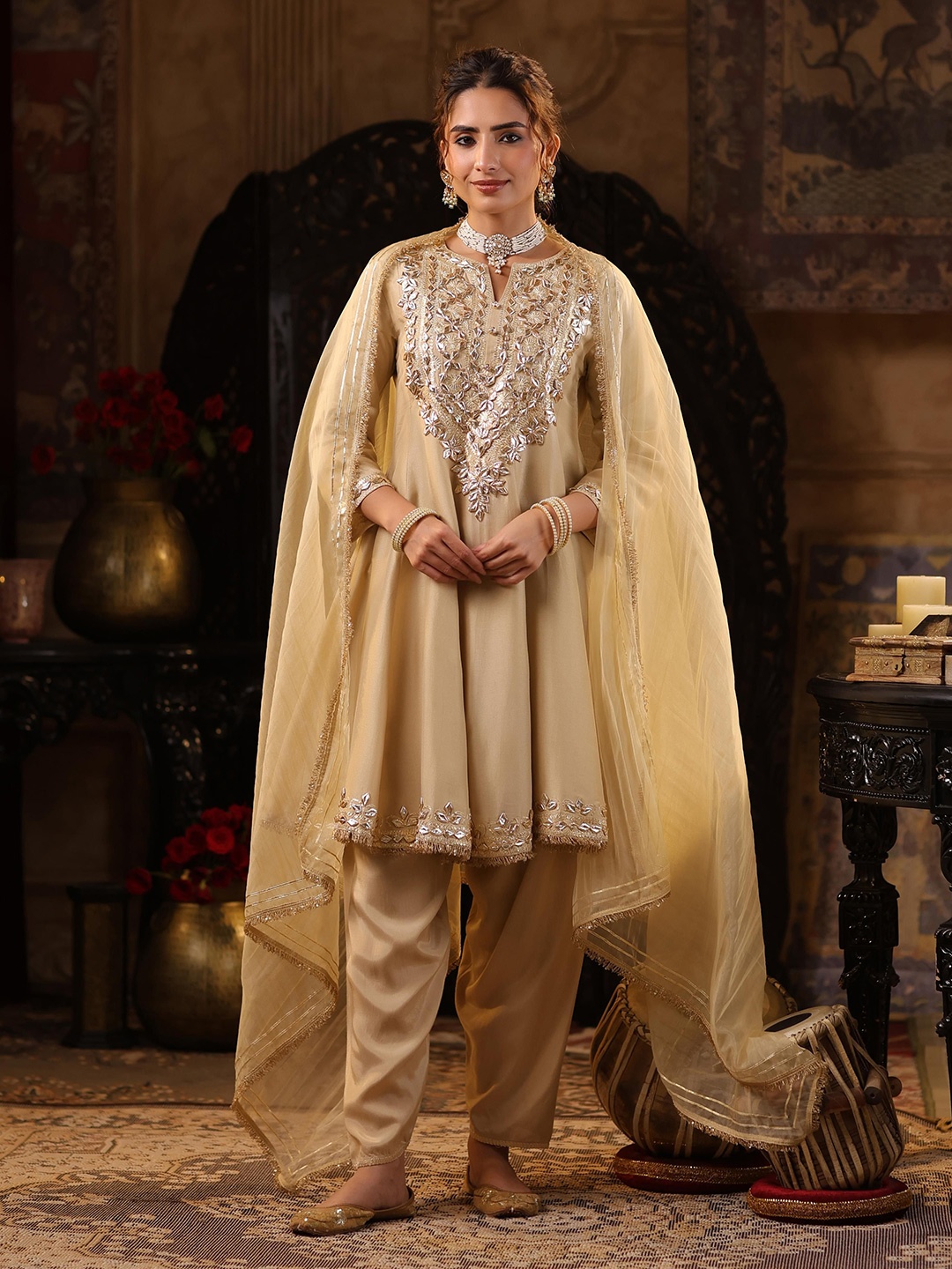 

SCAKHI Floral Embroidered Gotta Patti Anarkali Kurta with Salwar & Dupatta, Beige