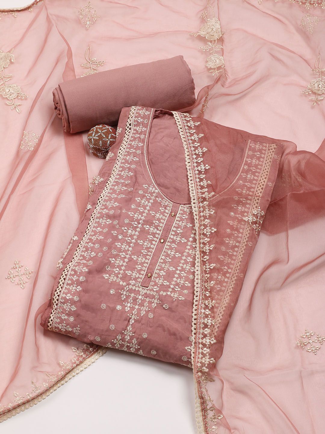 

Meena Bazaar Floral Embroidered Unstitched Dress Material, Peach