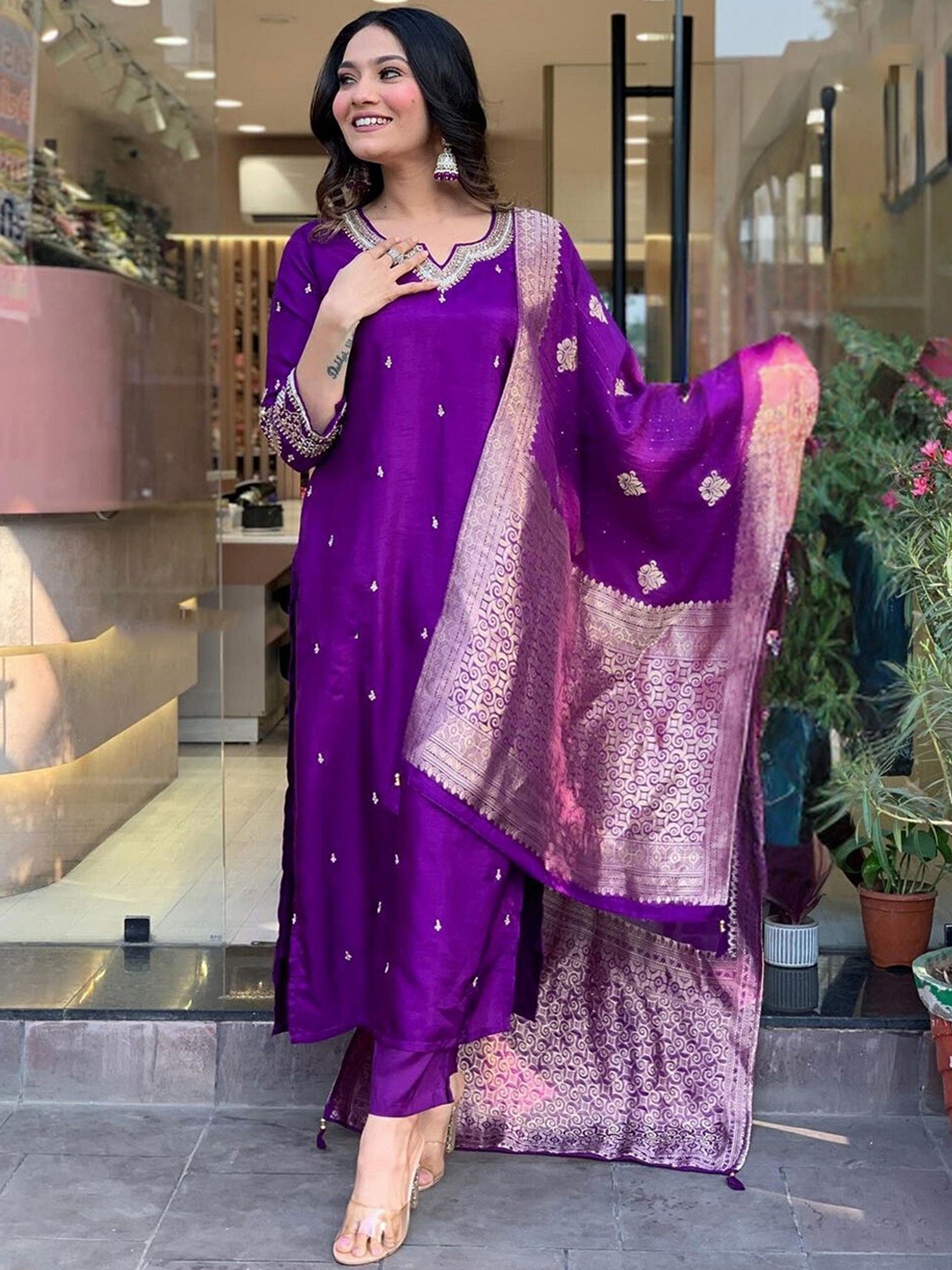 

KALINI Floral Embroidered Sequinned Chanderi Silk Straight Kurta With Trouser & Dupatta, Purple