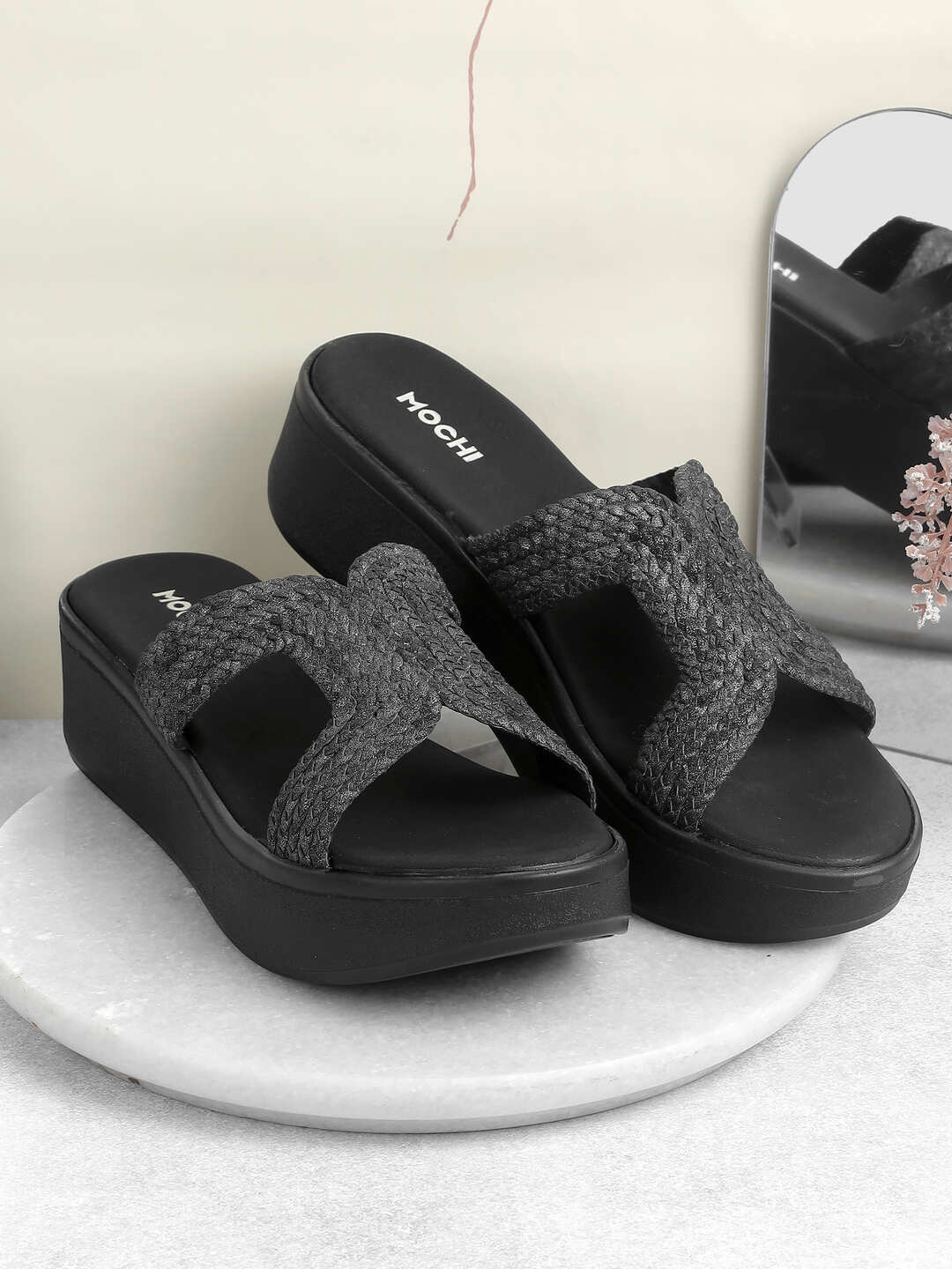 

Mochi Embellished Wedge Sandals, Black