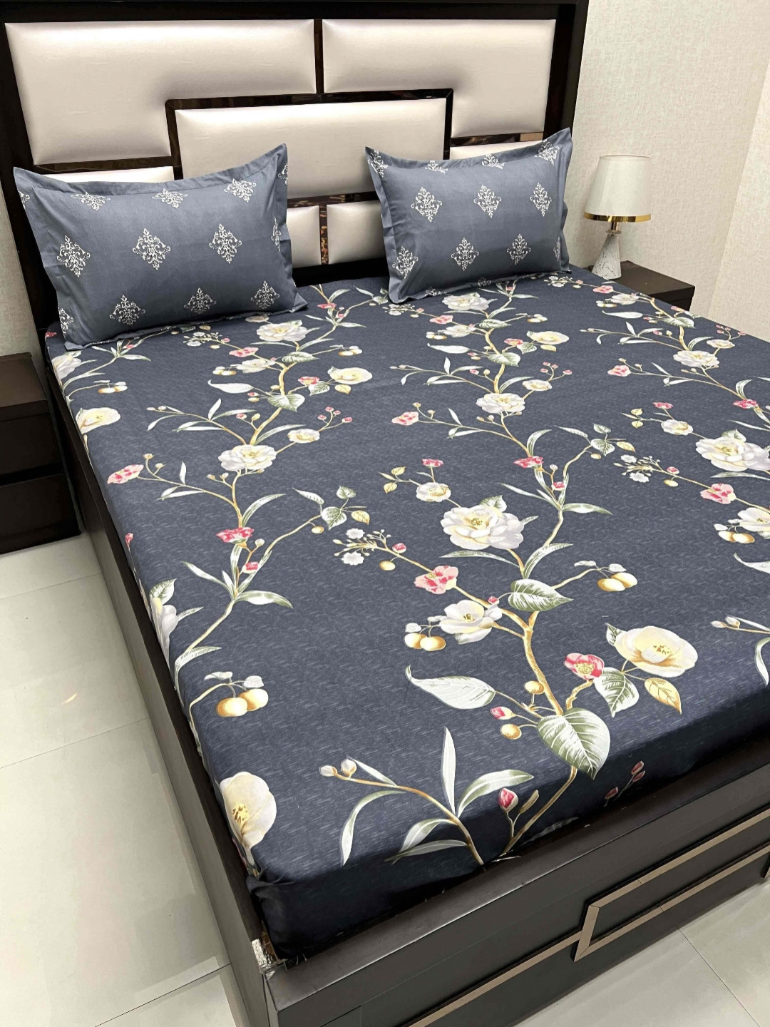 

Pure Decor Manor Grey Floral 200 TC Microfiber Fitted King Bedsheet with 2 Pillow Covers
