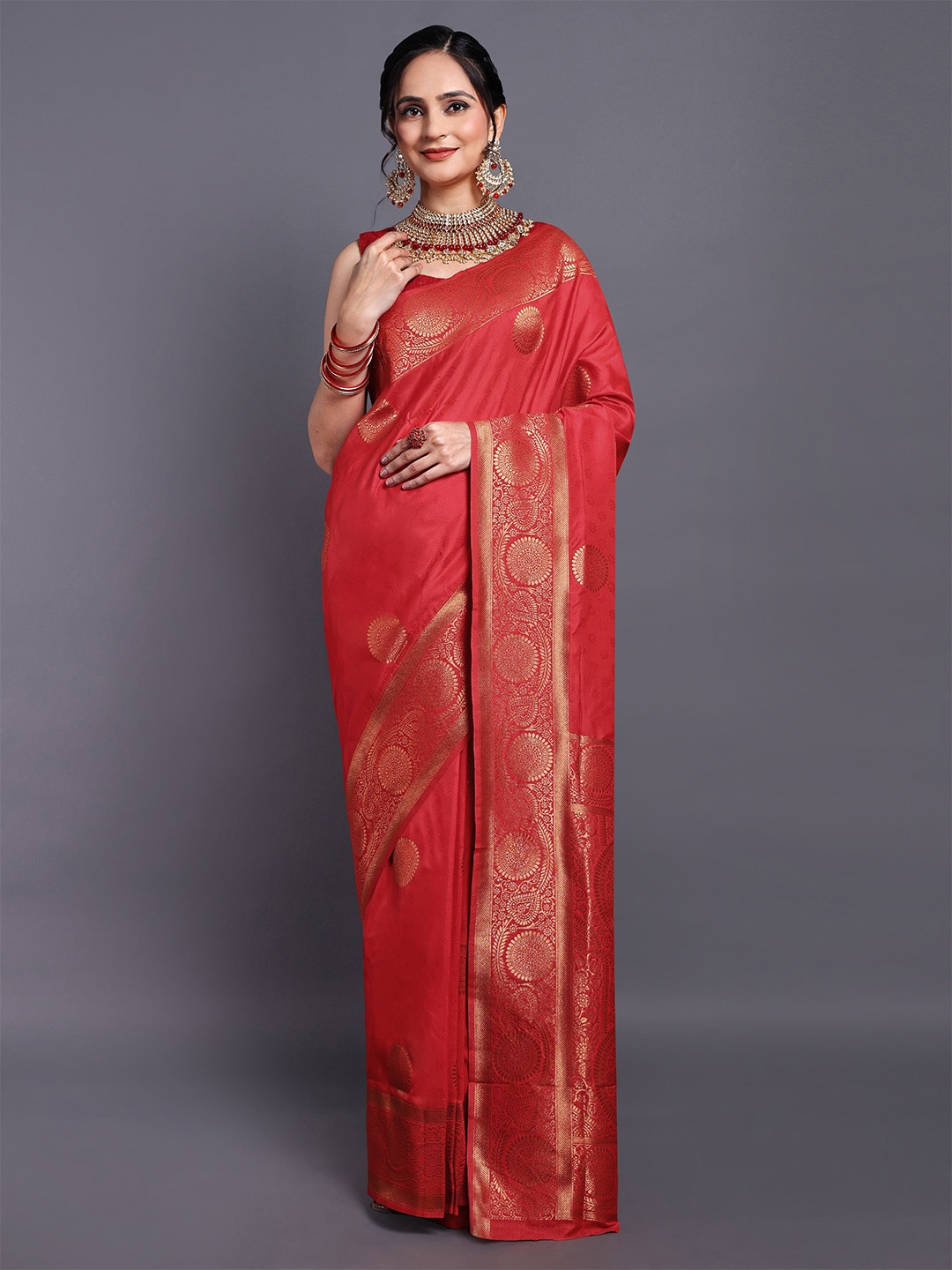 

SWAMI STUDIO Floral Zari Pure Cotton Kanjeevaram Saree, Red