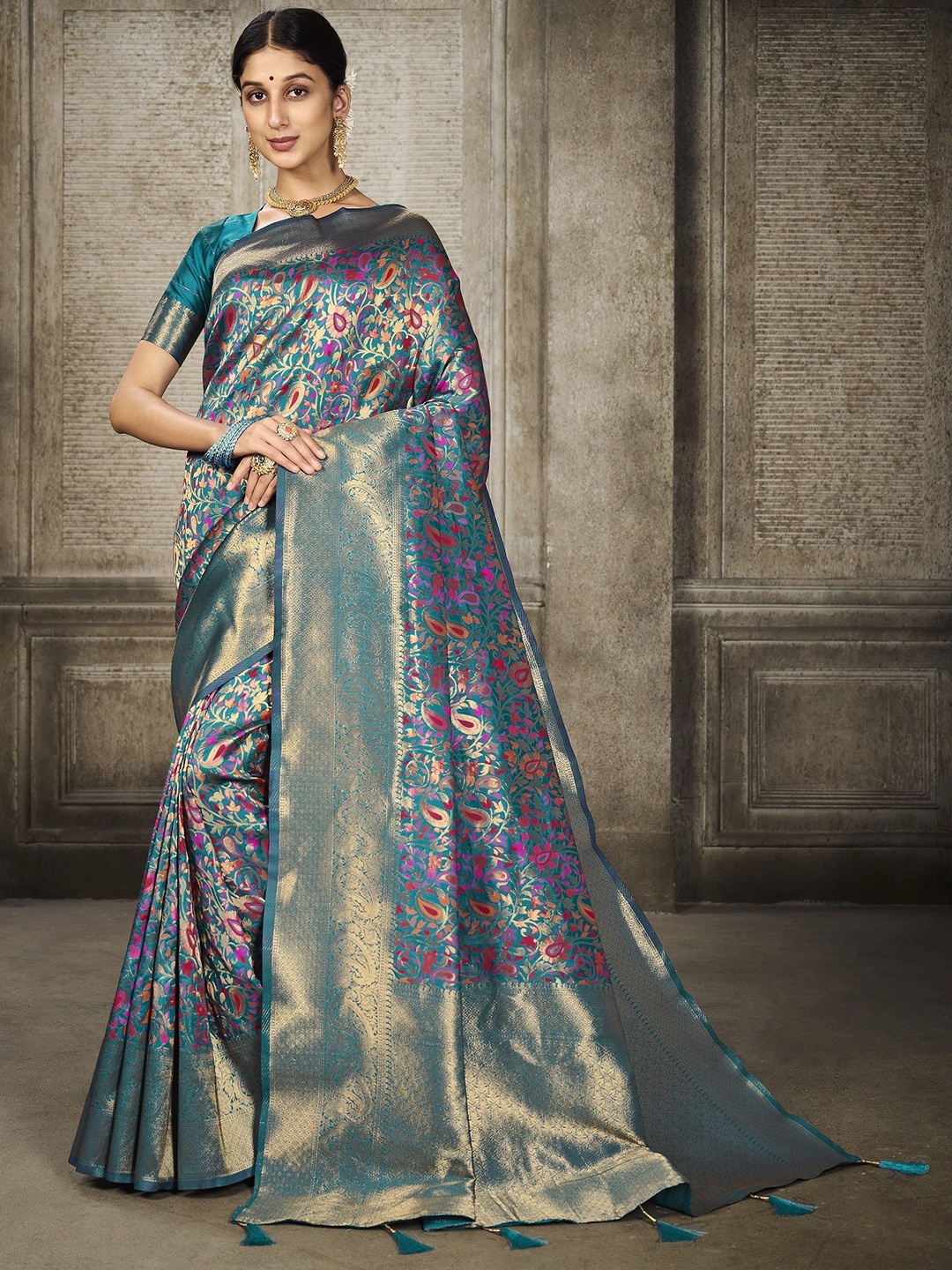 

MAHALASA Ethnic Motifs Zari Pure Silk Banarasi Saree, Turquoise blue