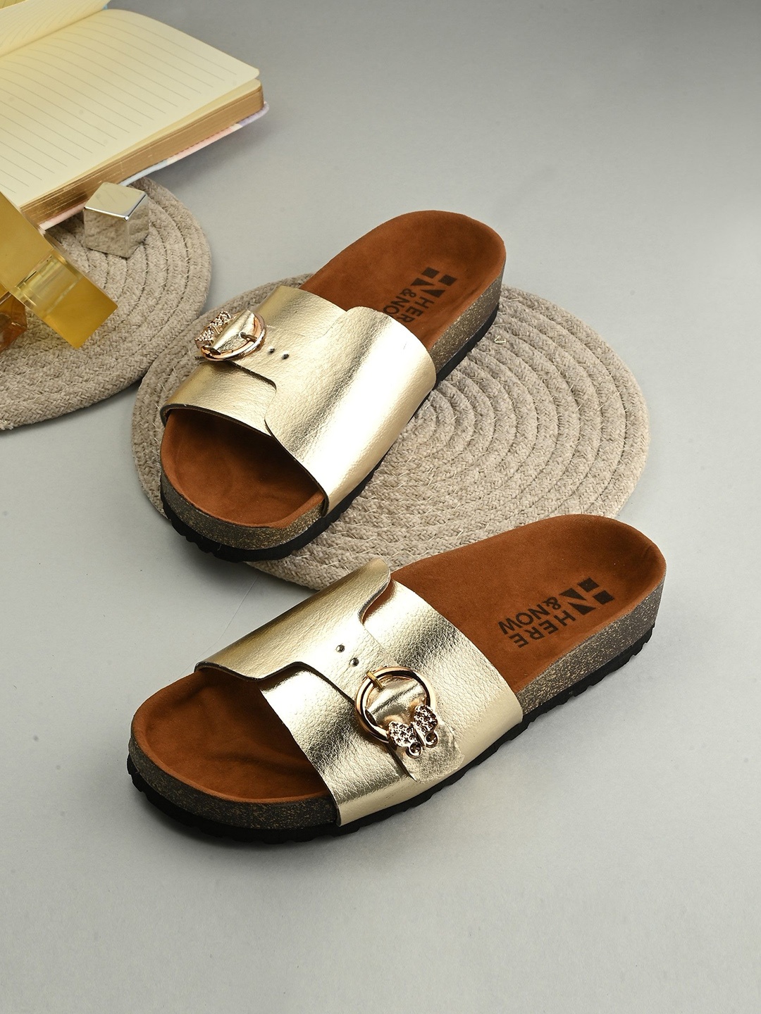 

HERE&NOW Women Open Toe Flats With Buckle, Gold