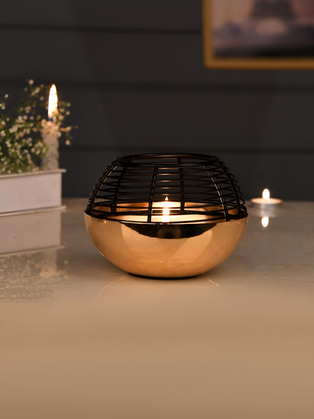 

TAYHAA Black & Gold Toned Textured Metal Candle Holder