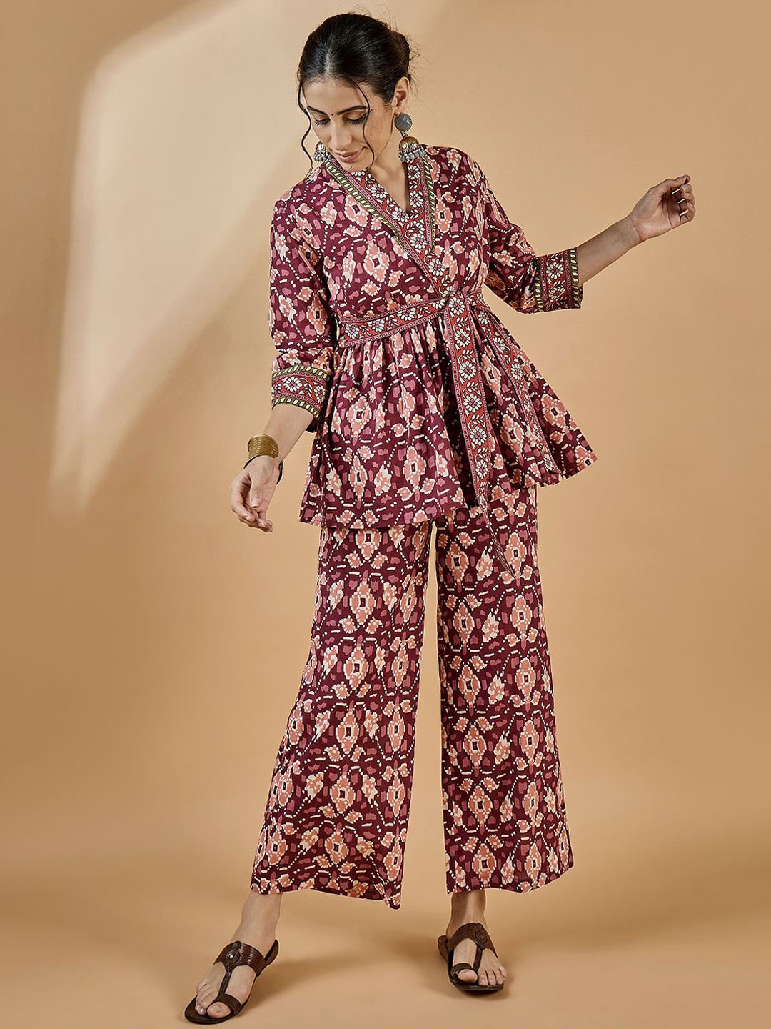 

WineRed Ethnic Printed Pure Cotton Tunic With Trousers, Rust
