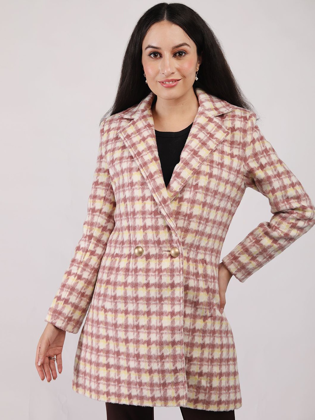 

HONNETE Women Checked Double-Breasted Trench Coat, Pink