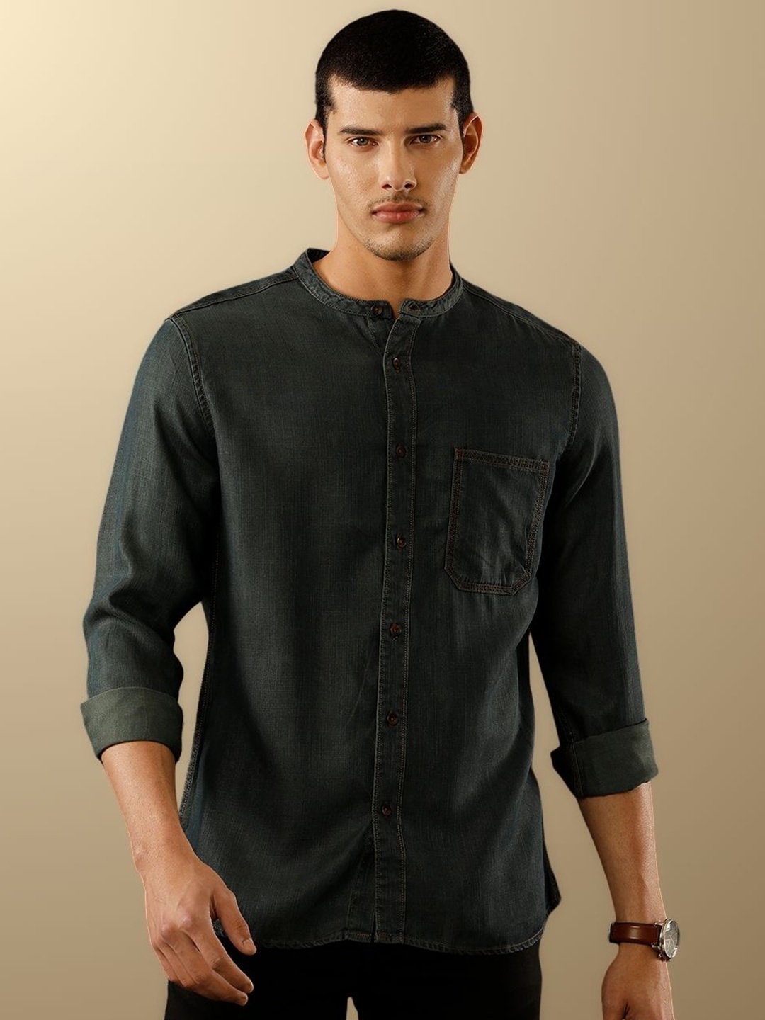 

TEMPLE OF DENIM Men India Slim Band Collar Solid Denim Casual Shirt, Green
