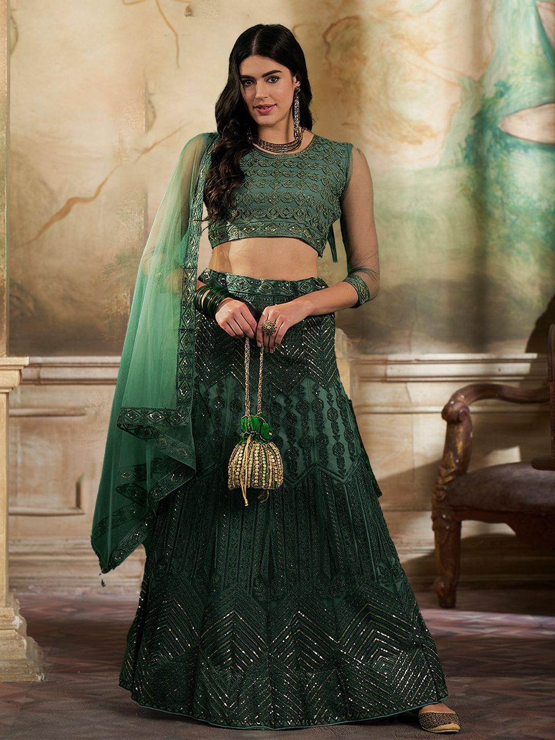 

Kvsfab Embroidered Sequinned Semi-Stitched Lehenga & Blouse With Dupatta, Green