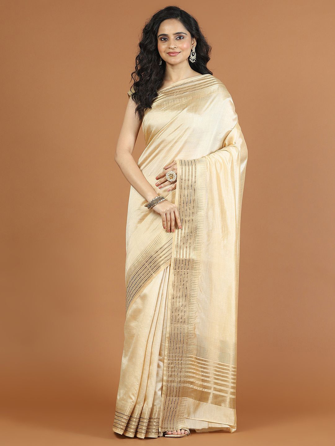 

Meena Bazaar Zari Art Silk Saree, Beige