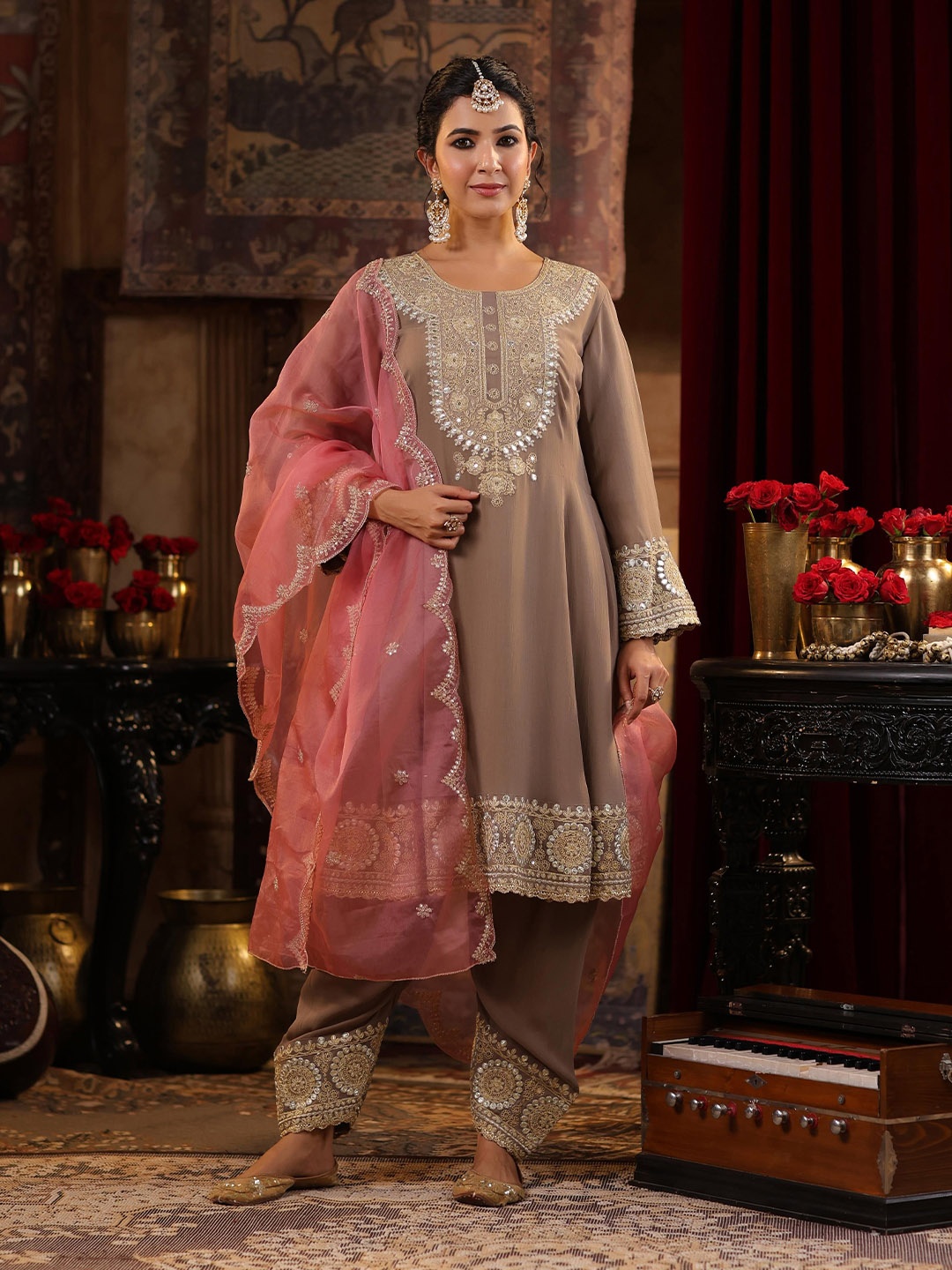 

SCAKHI Ethnic Motifs Embroidered Sequinned Georgette Anarkali Kurta With Salwar & Dupatta, Taupe