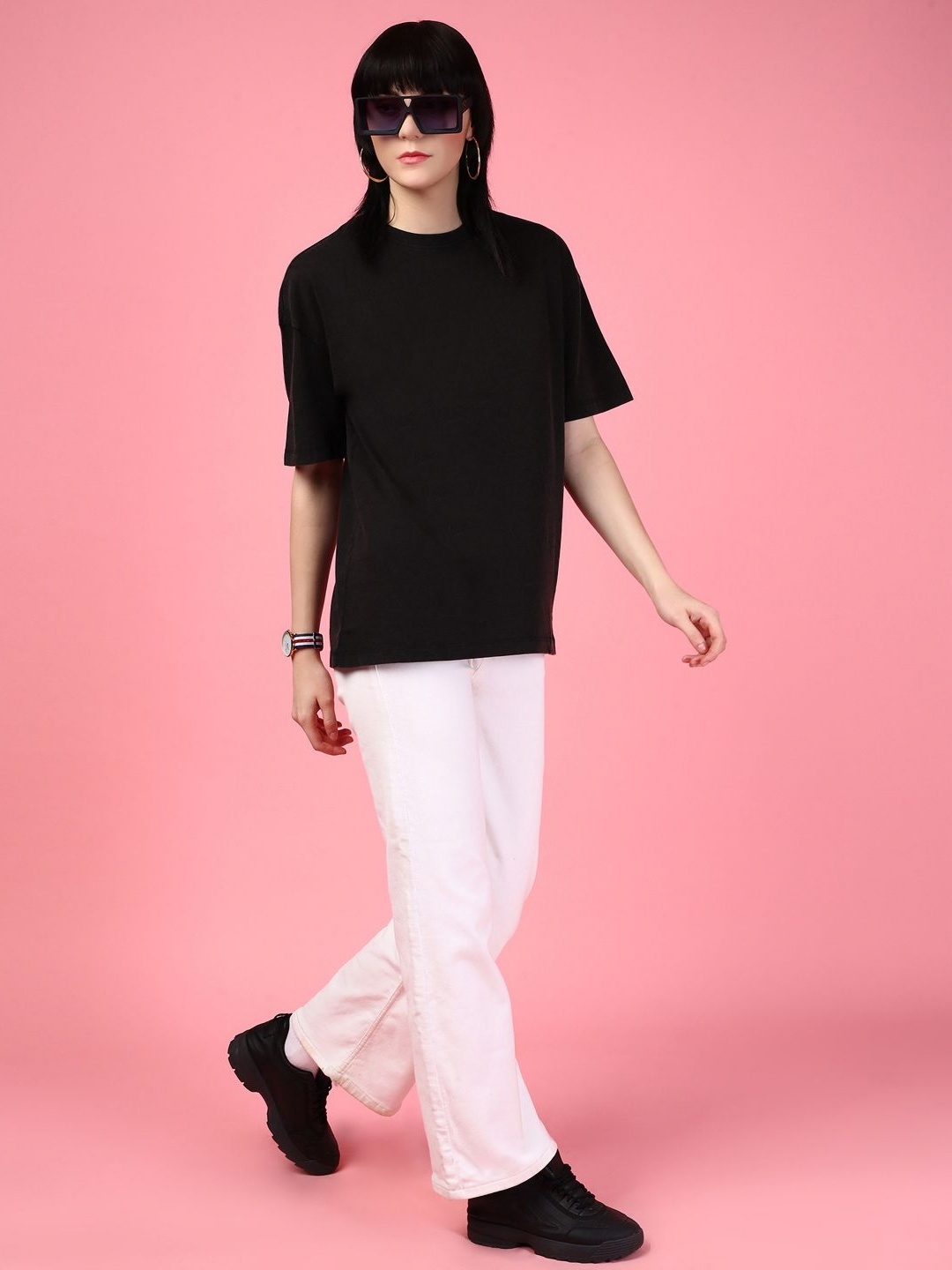 

DressBerry Women Solid Round Neck Cotton Boxy T-shirt, Black