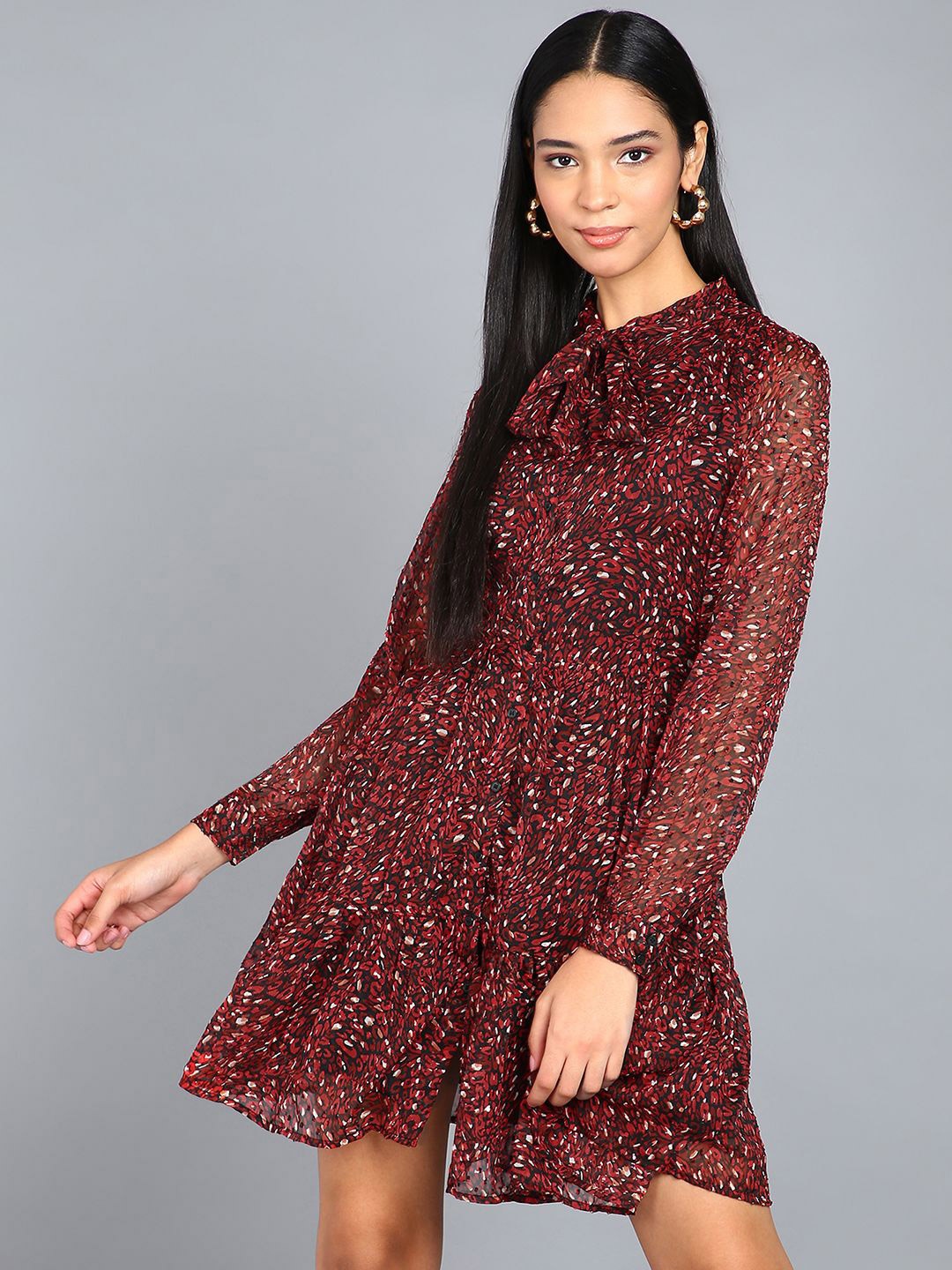 

SAFFE Floral Print Tie-Up Neck Puff Sleeve Fit & Flare Mini Dress, Multi