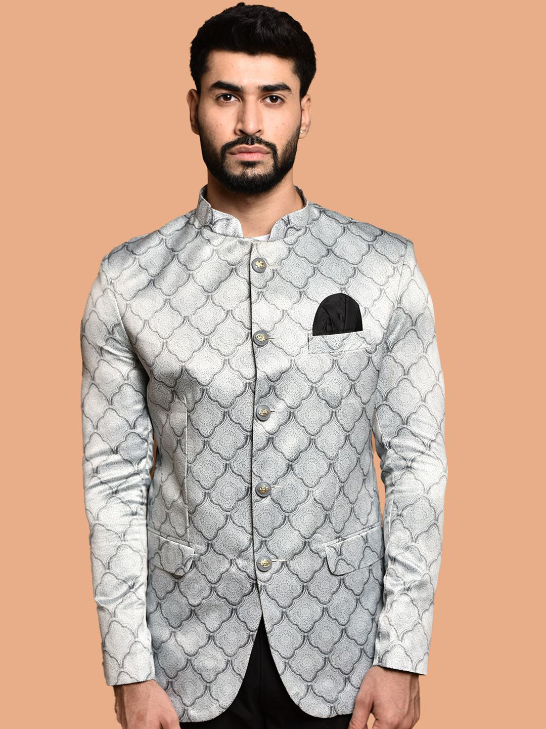 

PRINTCULTR Printed Bandhgala Casual Blazer, Silver
