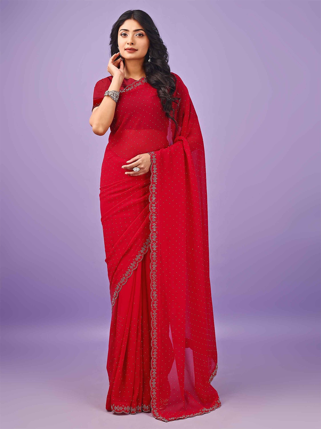 

Leelavati Beads and Stones Poly Chiffon Saree, Red