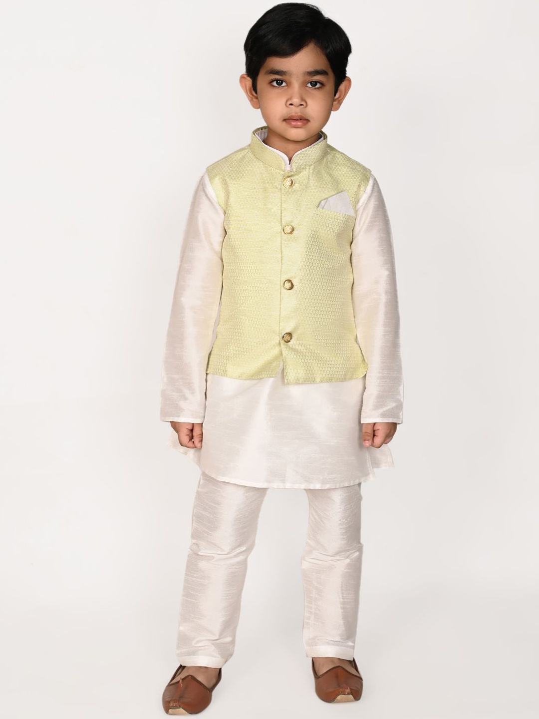 

Pehanaava Boys Mandarin Collar Kurta with Pyjamas & Waistcoat, White