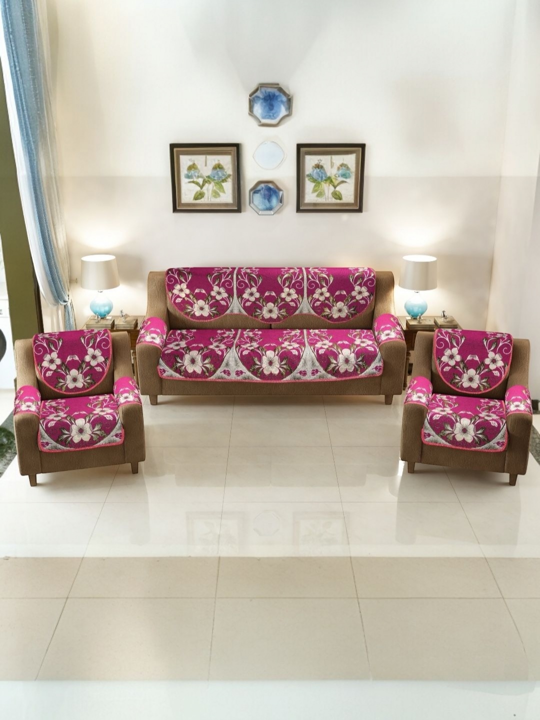 

BIGGER FISH Pink Self Design 16 Pieces Cotton Sofa Cover With Arms