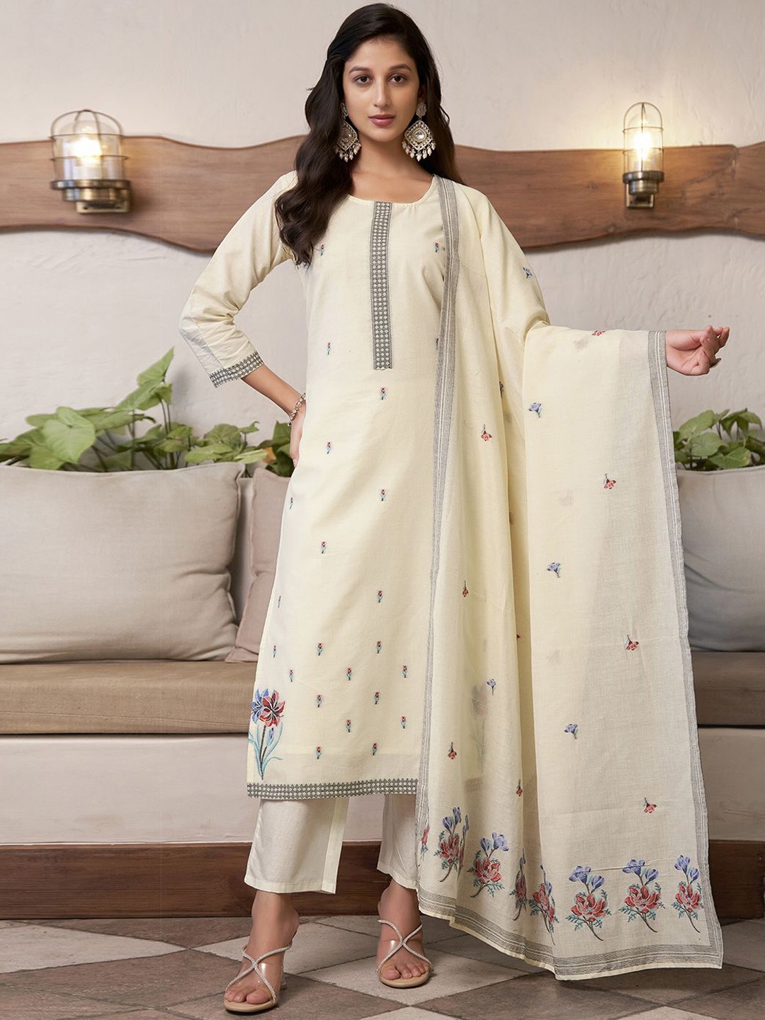 

KALINI Floral Embroidered Kurta with Trousers & Dupatta, White