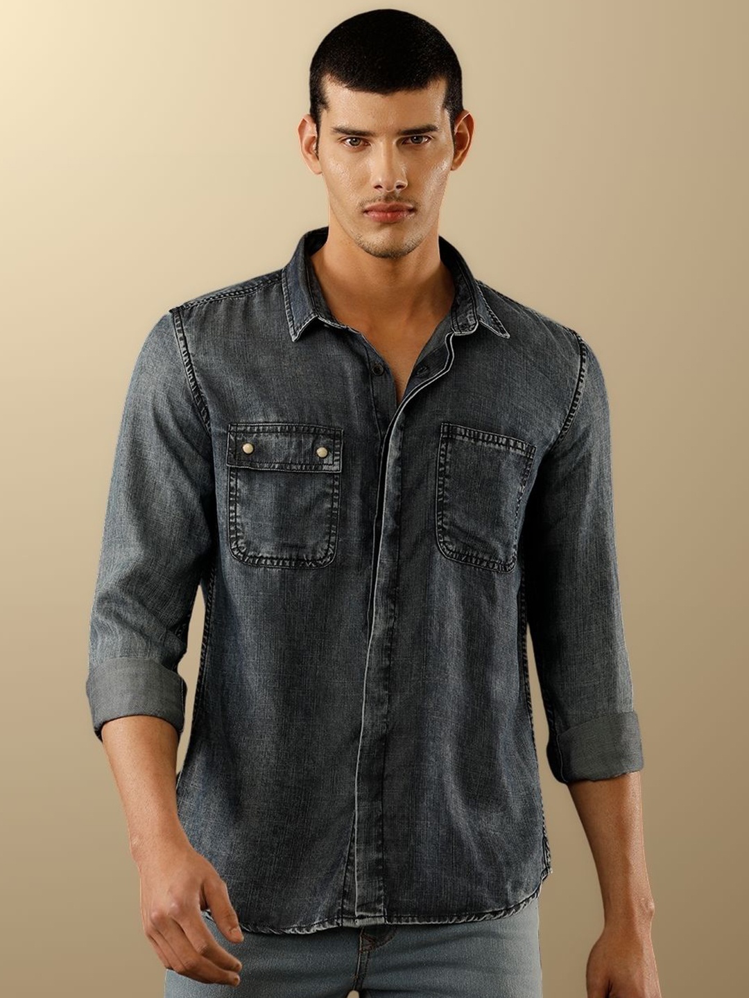 

TEMPLE OF DENIM Men India Slim Spread Collar Solid Denim Casual Shirt, Blue