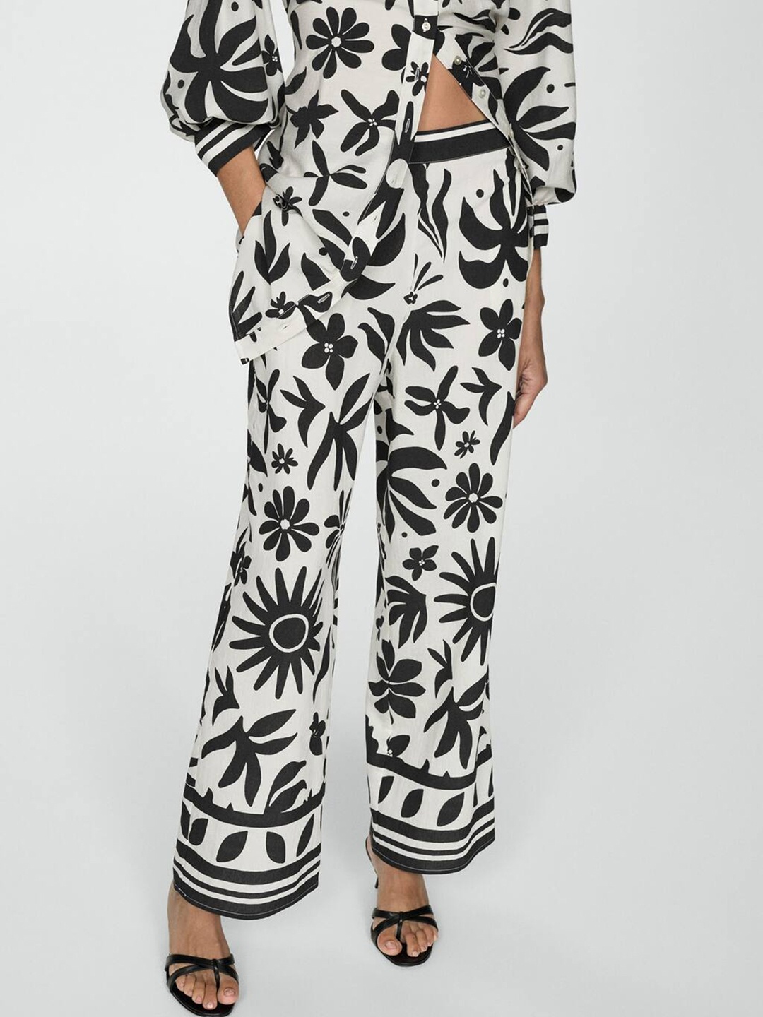 

MANGO Women Floral Print Wide Leg Trousers, Black