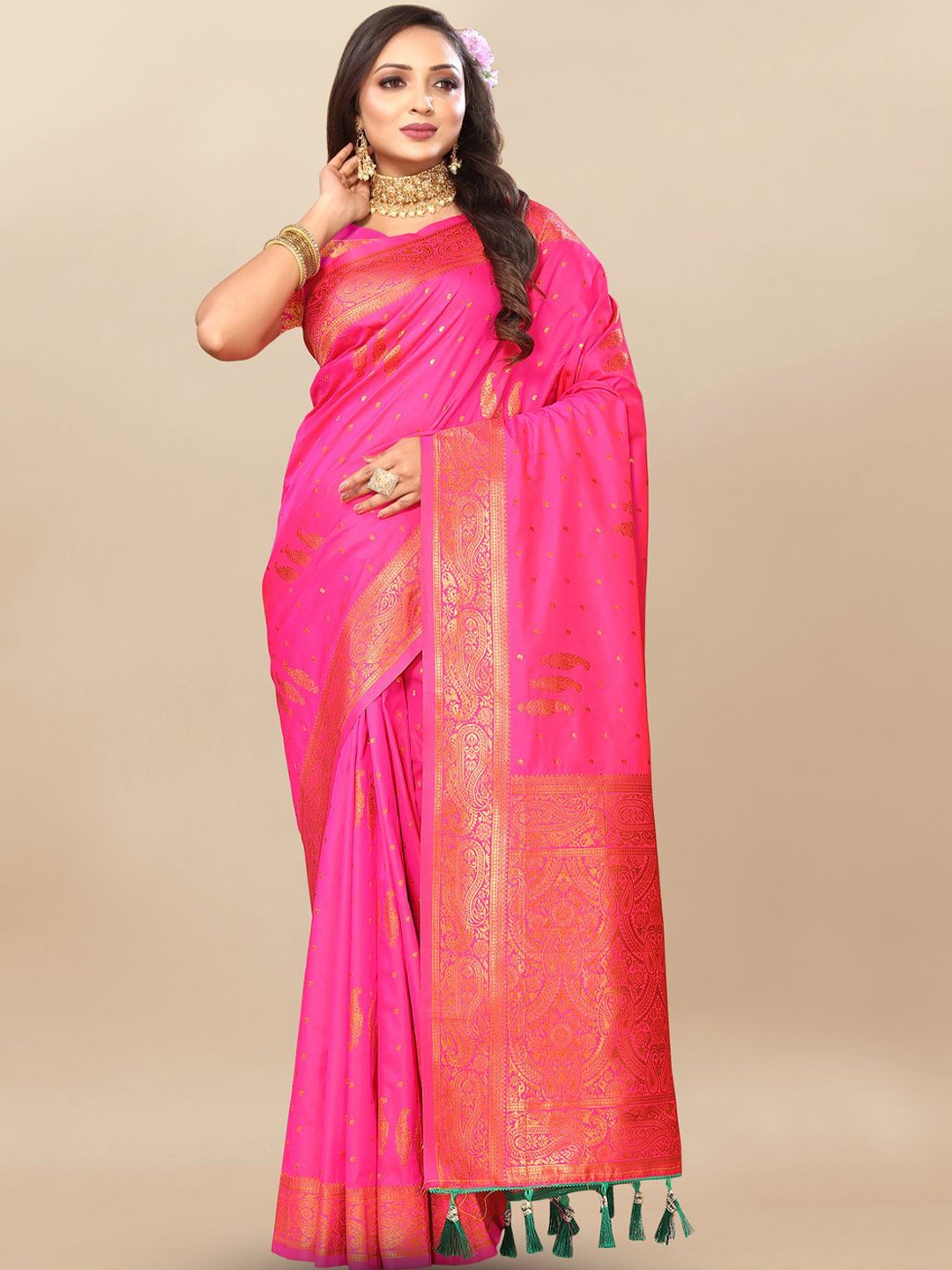

MOKSHA DESIGNS Ethnic Motifs Woven Design Zari Pure Silk Banarasi Saree, Pink