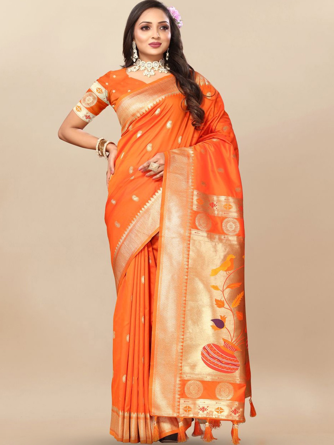 

MOKSHA DESIGNS Ethnic Motifs Woven Design Zari Pure Silk Paithani Saree, Orange