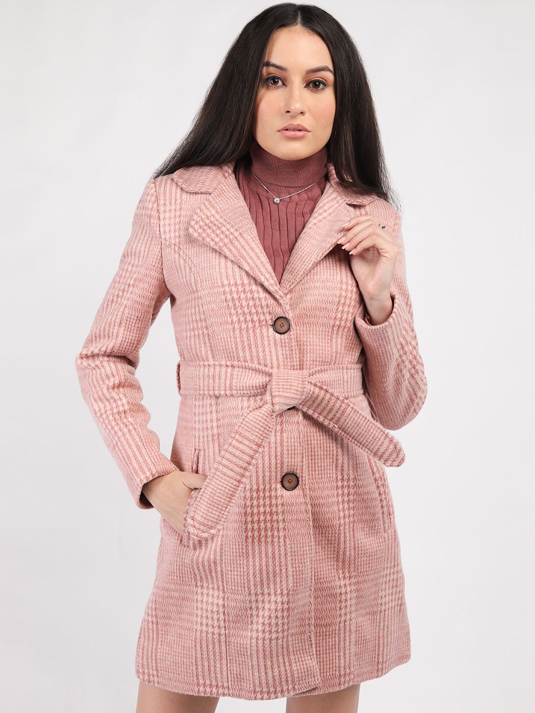 

HONNETE Women Checked Notched Lapel Single-Breasted Hip-Length Winter Overcoat, Pink