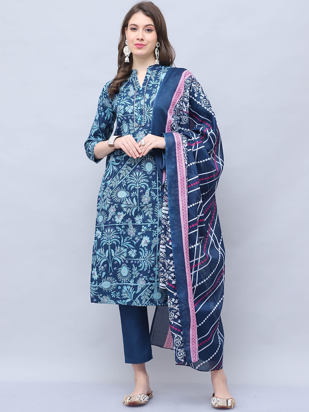 

Rajnandini Floral Printed Gotta Patti Straight Kurta with Trousers & Dupatta, Blue