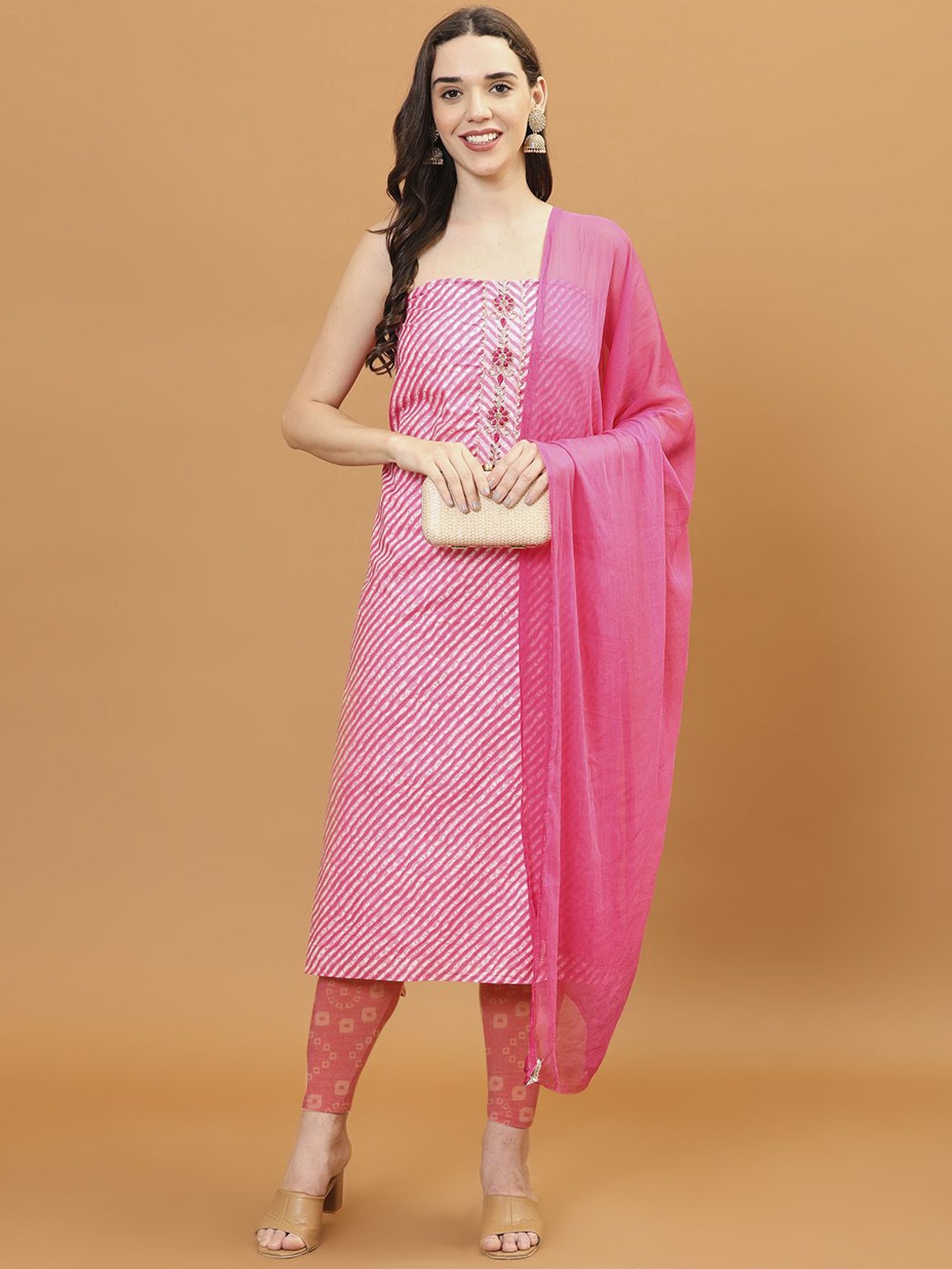 

Meena Bazaar Leheriya Printed Gotta Patti Unstitched Dress Material, Pink