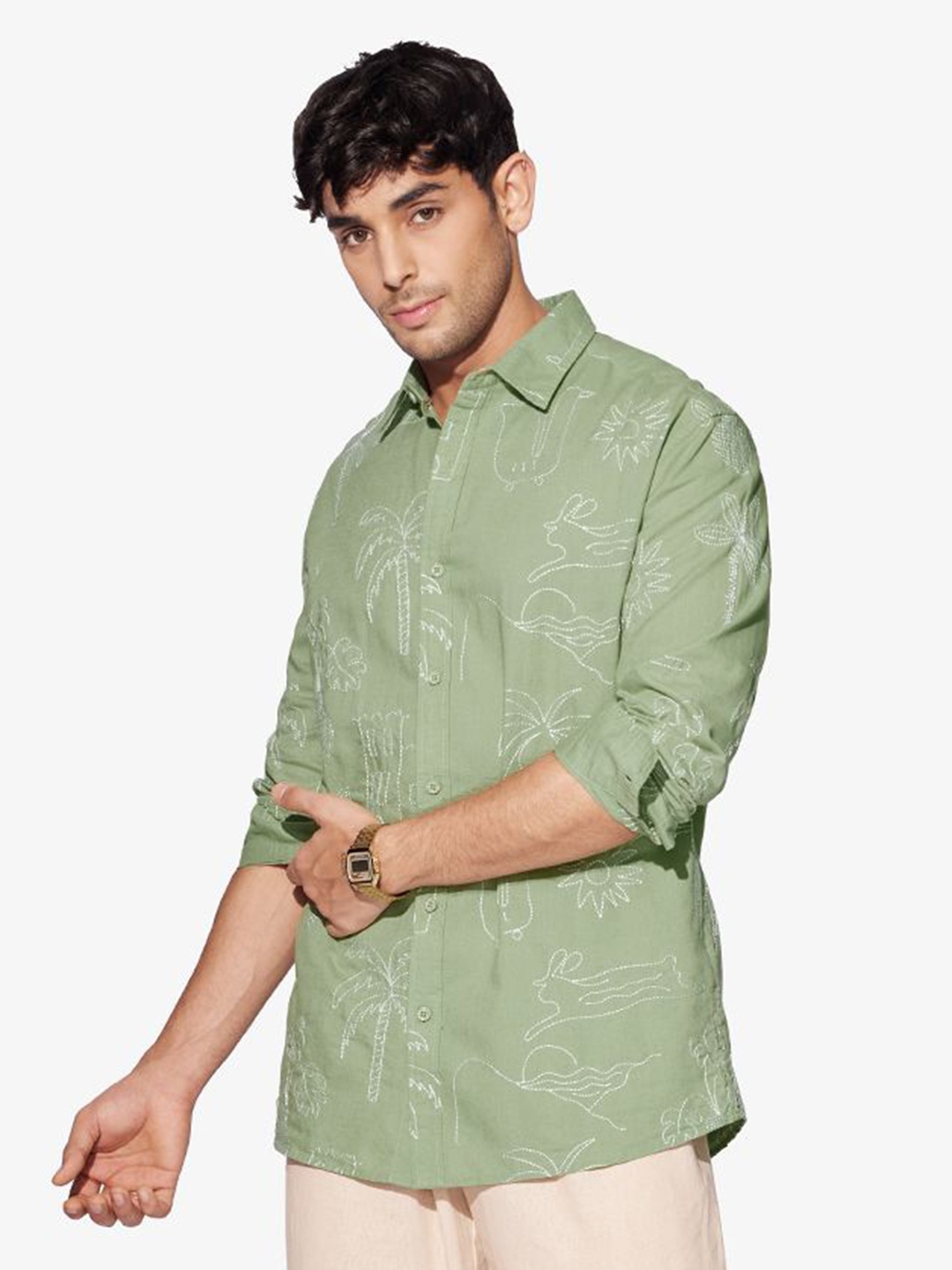 

The Souled Store Men Spread Collar Graphic Printed Cotton Casual Shirt, Green