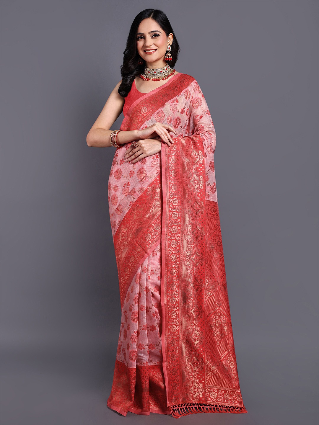 

SWAMI STUDIO Floral Zari Pure Cotton Kanjeevaram Saree, Pink