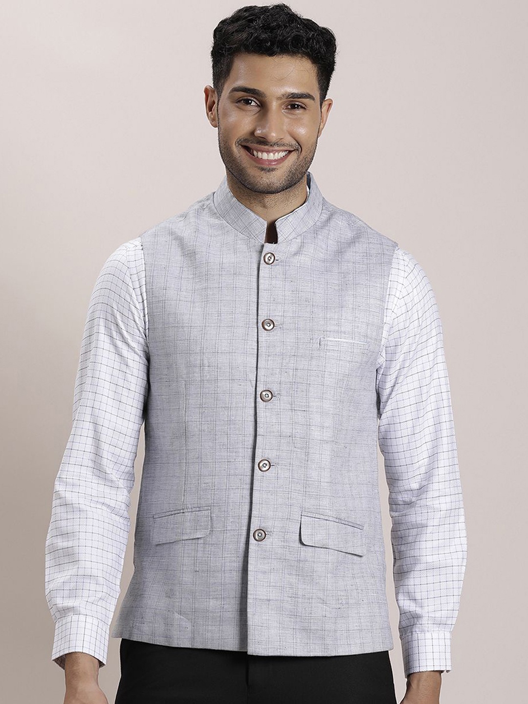 

Turtle Men Checked Slim-Fit Woven Nehru Jackets, Grey