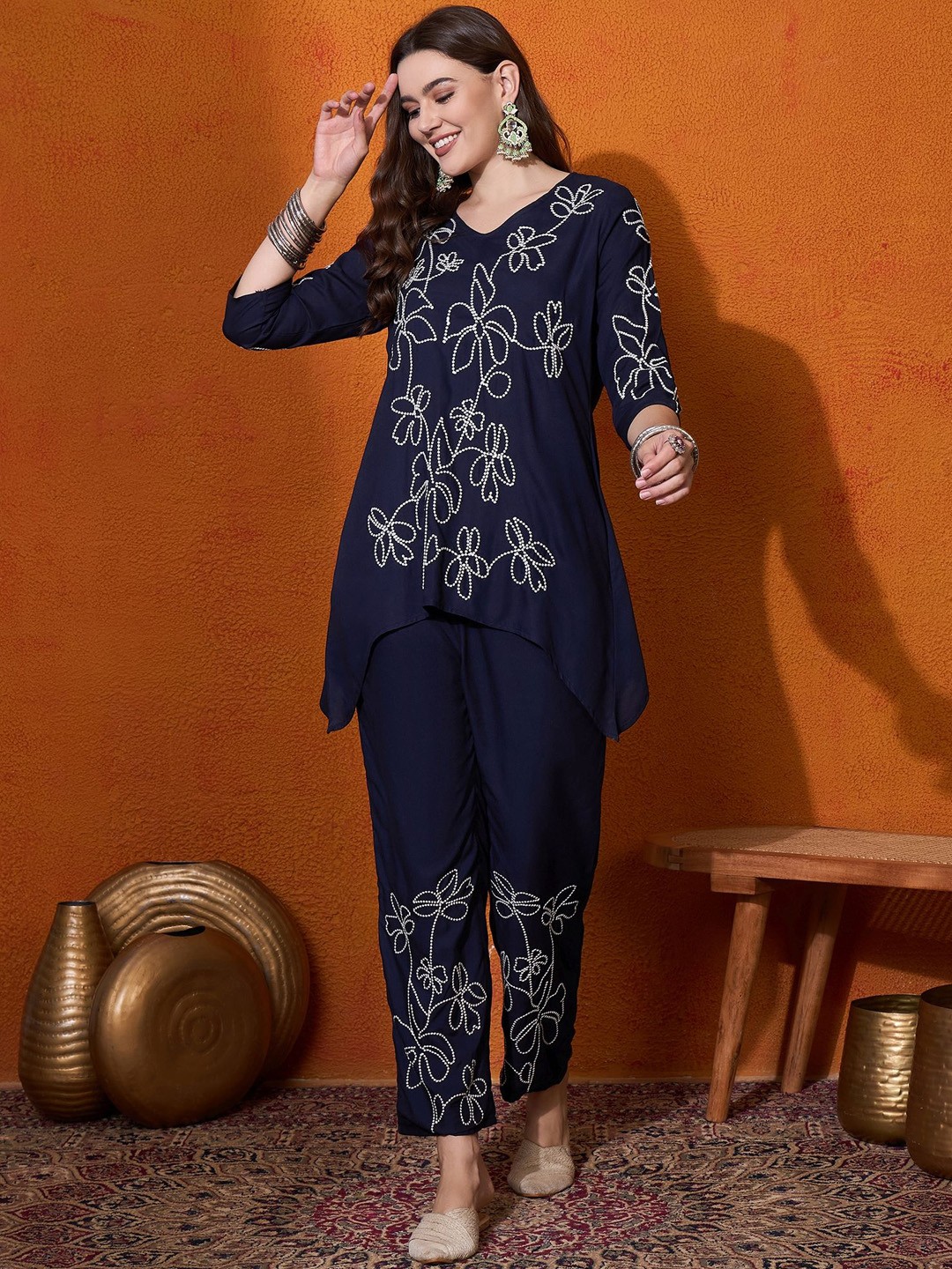 

Anouk Embroidered Top & Trousers, Navy blue