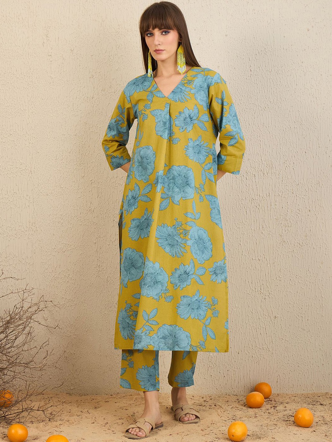 

Indo Era Floral Printed V-Neck A-Line Kurta with Trousers, Yellow