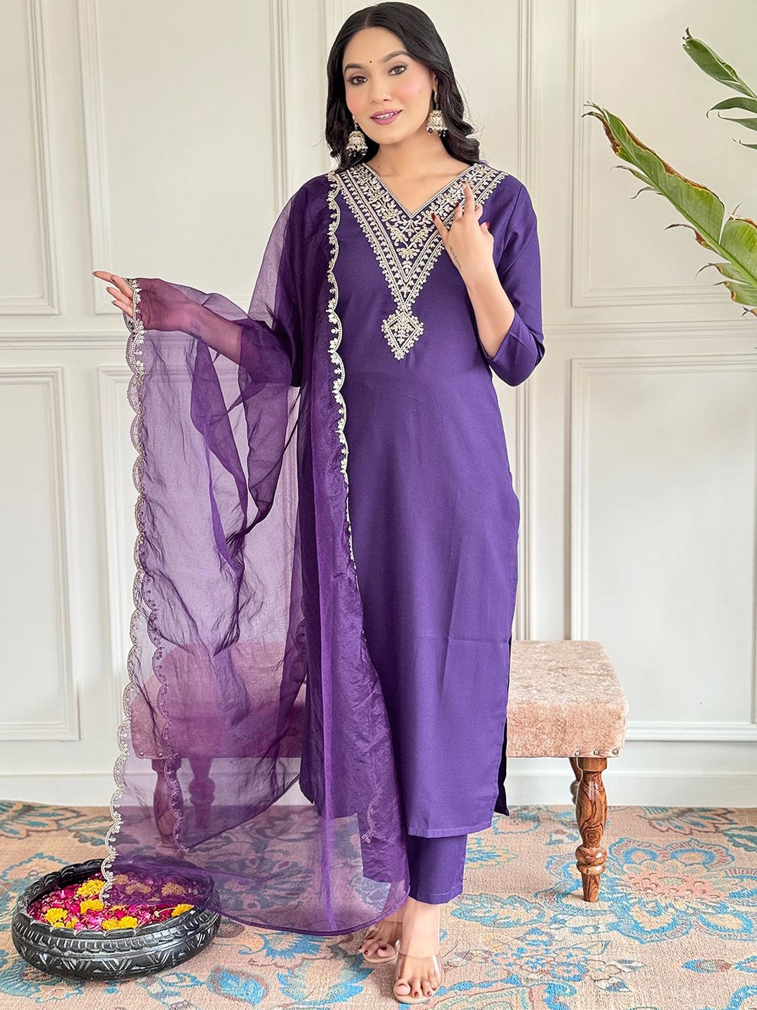 

KALINI Floral Embroidered Sequinned Kurta With Trousers & Dupatta, Violet