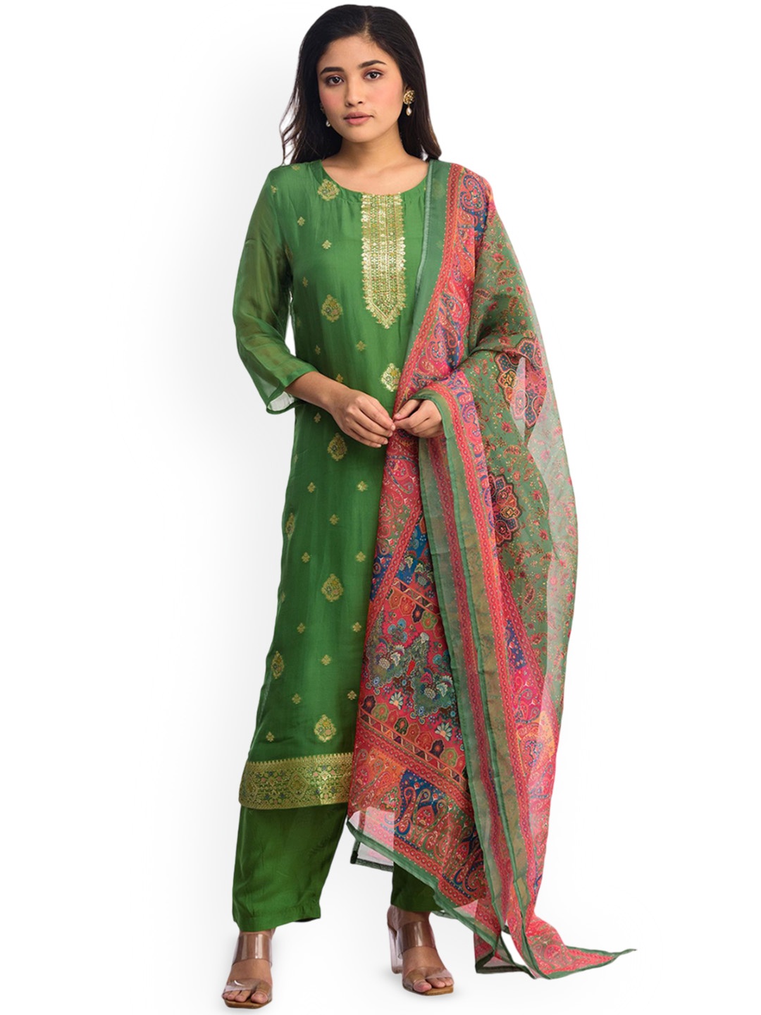

ISHKIYA Women Floral Regular Kurta with Trousers & With Dupatta, Green