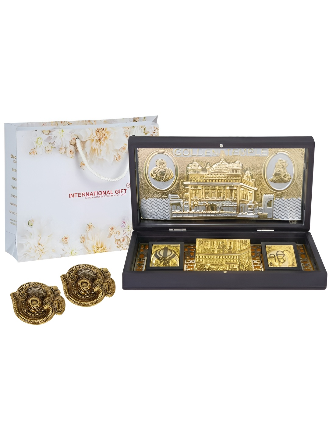 

INTERNATIONAL GIFT Gold-Toned Golden Temple Frame Message Box with 2 Diya