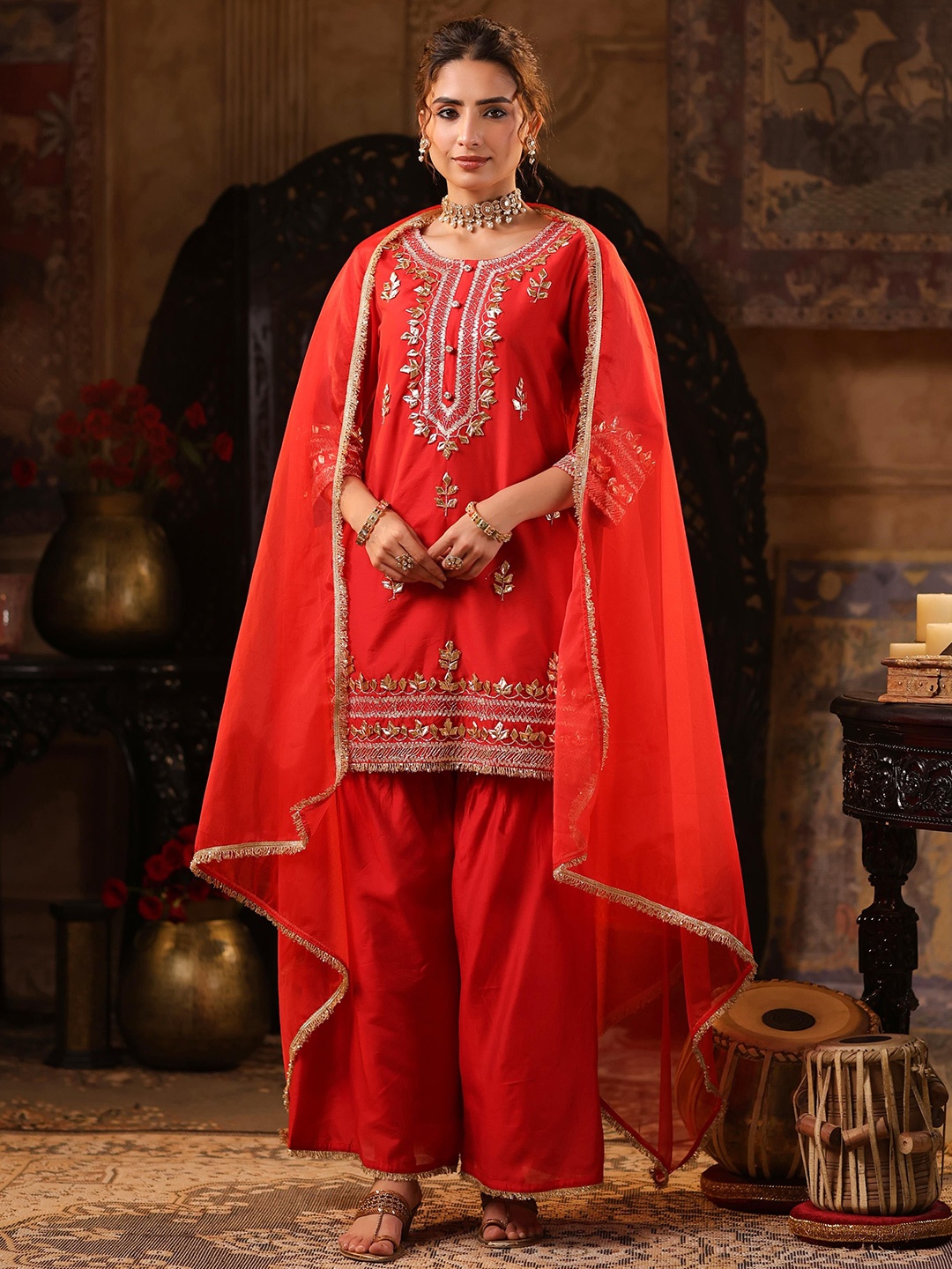 

SCAKHI Ethnic Motifs Embroidered Chanderi Silk Straight Kurti With Sharara & Dupatta, Red