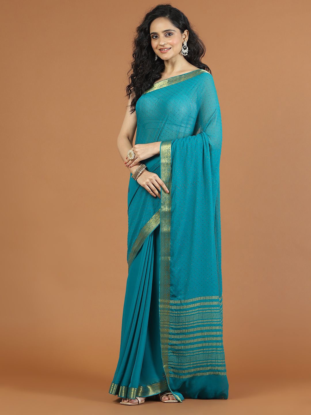 

Meena Bazaar Zari Poly Chiffon Saree, Blue