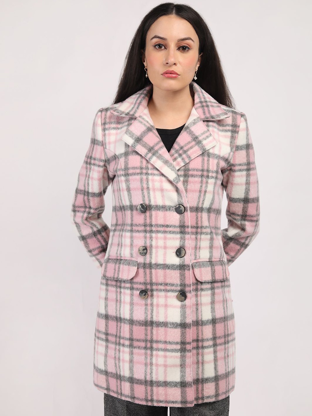 

HONNETE Women Checked Notched Lapel Double-Breasted Hip-Length Winter Overcoat, Pink