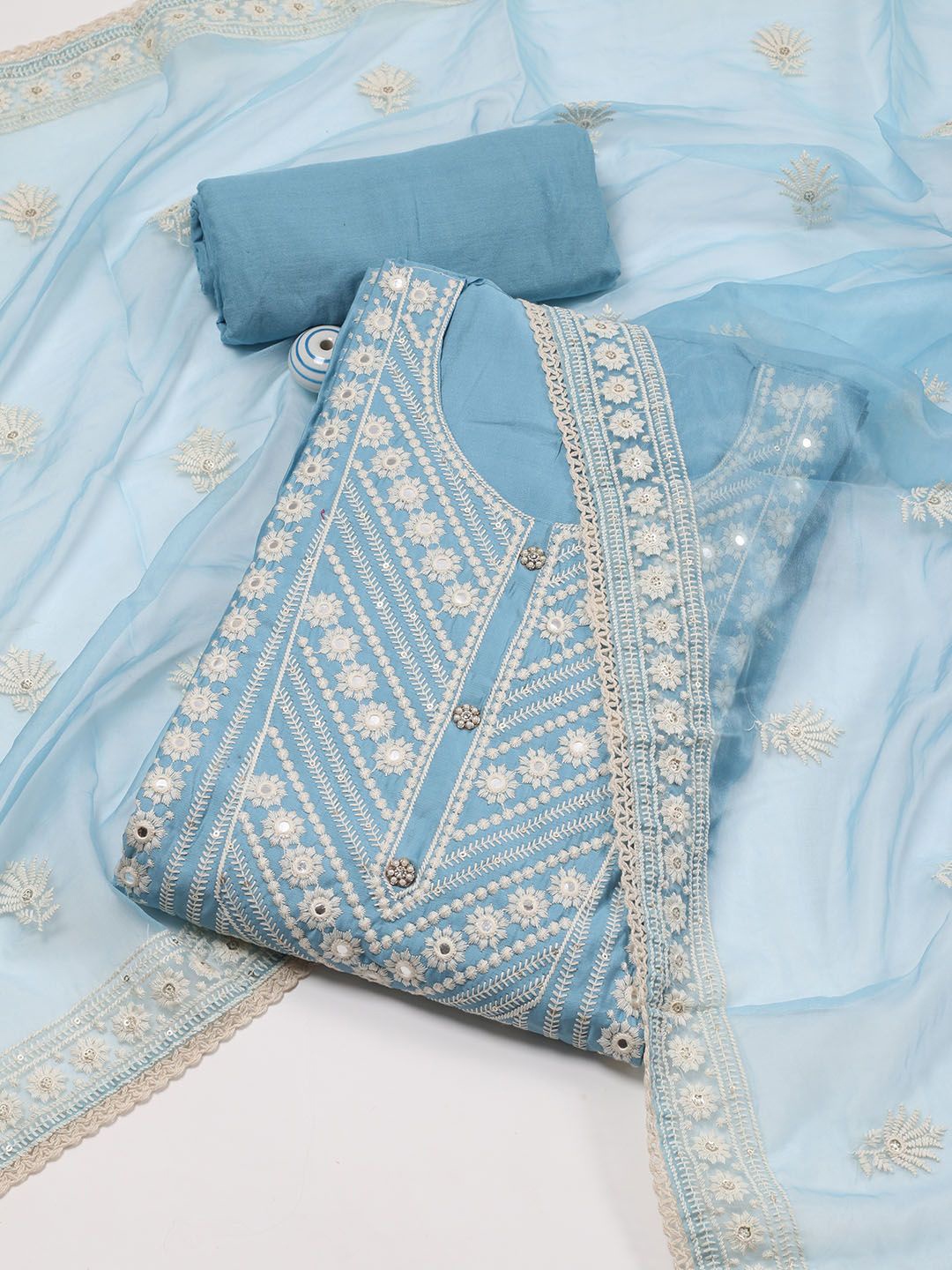 

Meena Bazaar Thread Embroidered Art Silk Unstitched Dress Material, Blue
