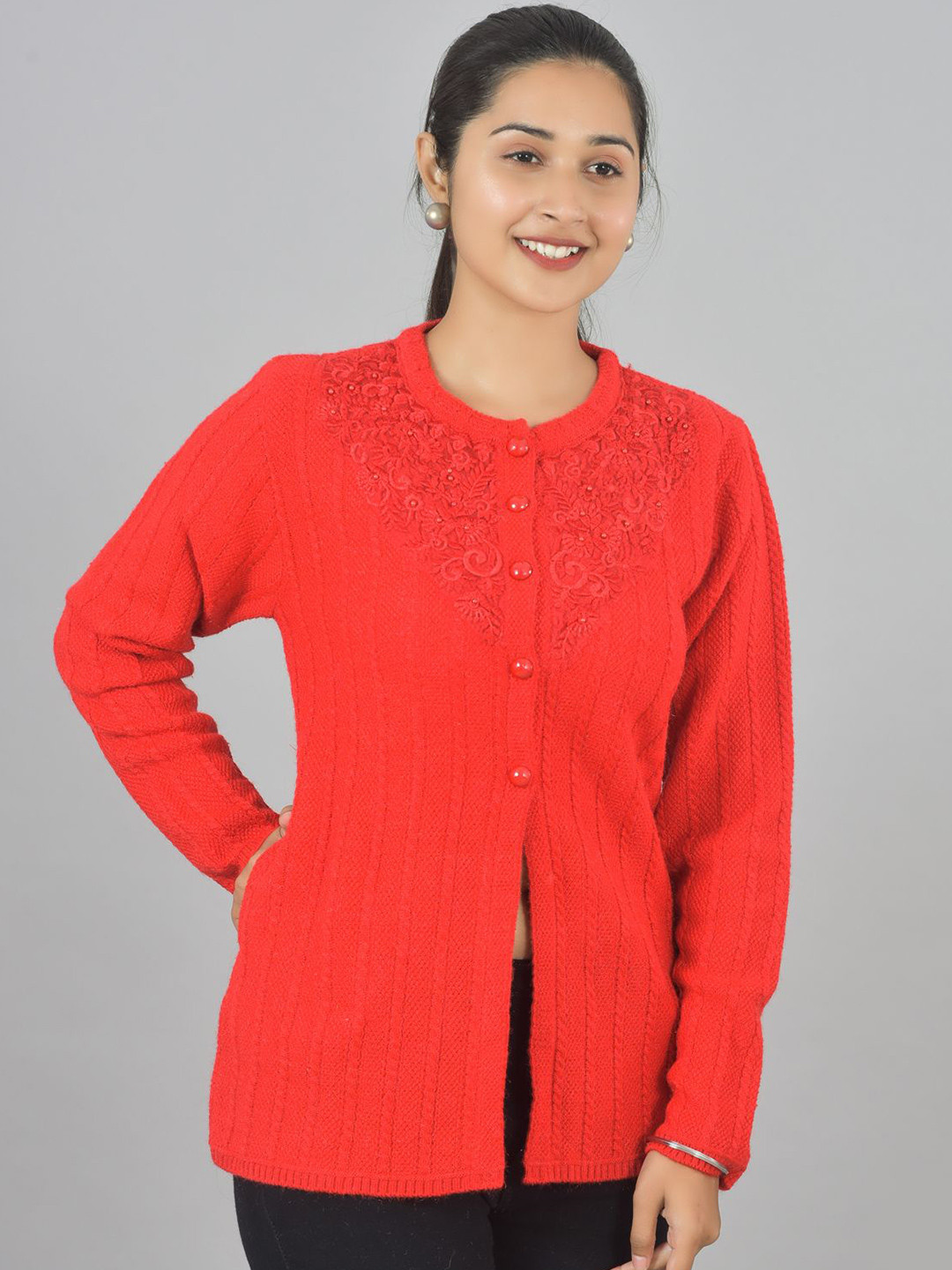 

BAISA Women Embroidered Woollen Cardigan with Embellished Detail, Red
