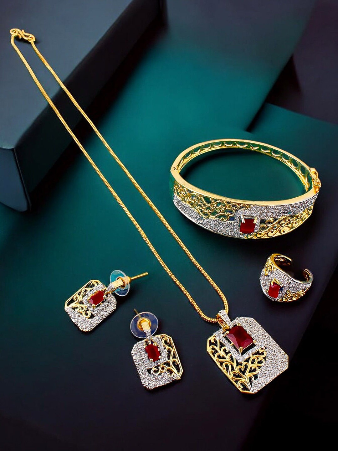 

LUCKY JEWELLERY 18K Gold Plated American Diamond Stone Studded Jewellery Set, Maroon