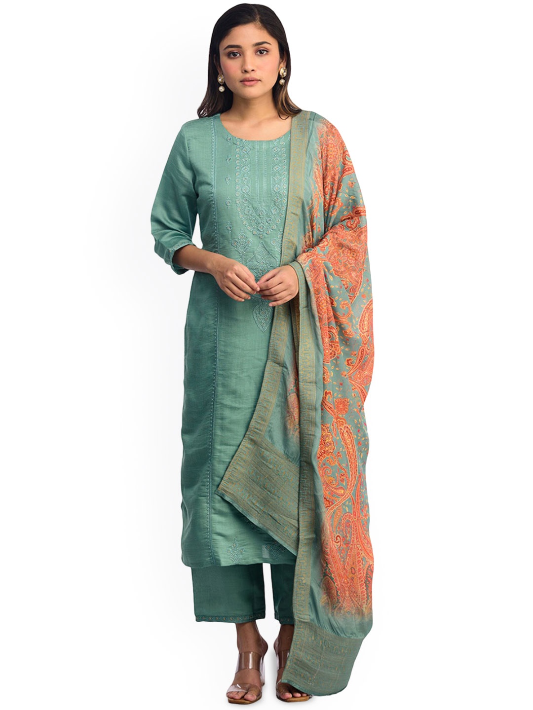 

ISHKIYA Women Floral Embroidered Regular Chanderi Silk Kurta with Trousers & With Dupatta, Teal