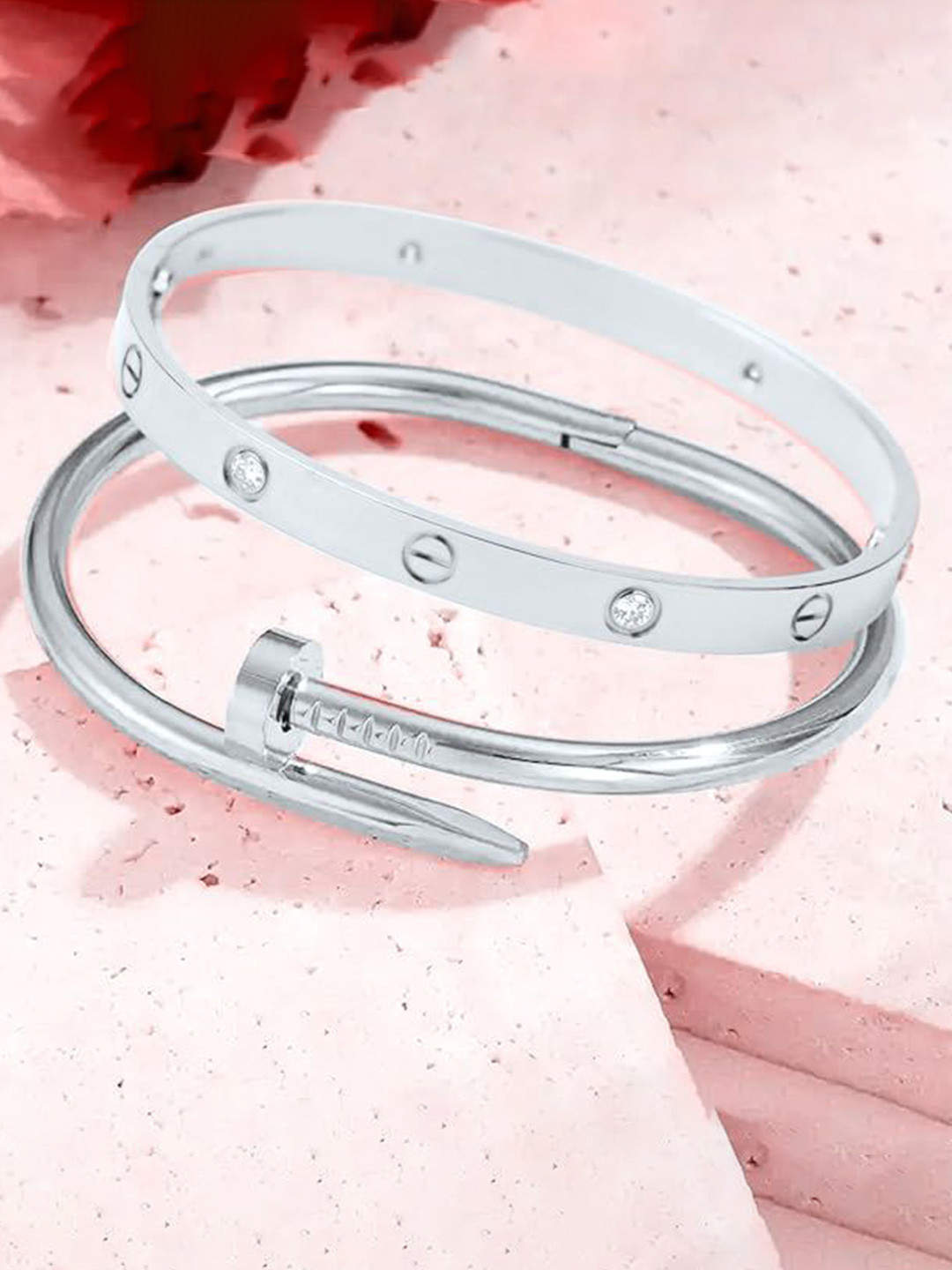 

MEENAZ Set Of 2 Silver-Plated Stainless Steel Anti Tarnish Stone Studded Kada Bracelets